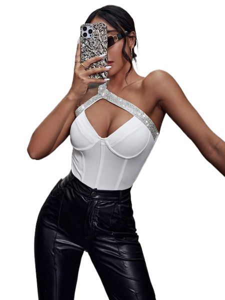 

contrast sequin cut out one shoulder bustier bodysuit h7kk#, White