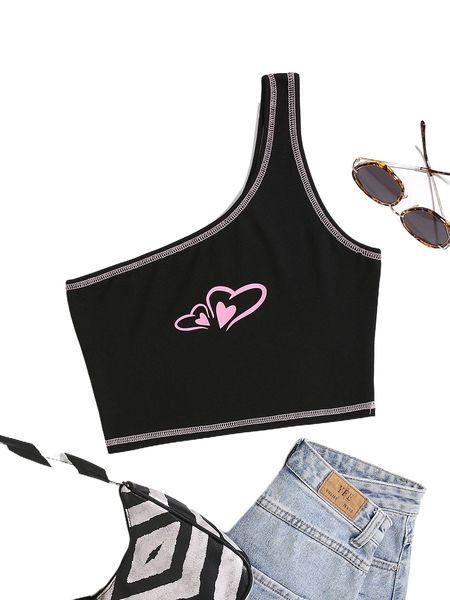 

heart print stitching one shoulder b8kh#, White