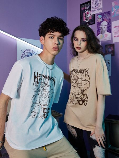 

romwe 1pc figure graphic oversized tee l8qf#, White;black