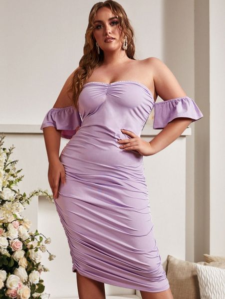

sbetro plus off shoulder ruched bodycon dress d1kl#, Black