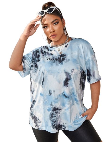 

plus tie dye letter graphic drop shoulder tee d4tl#, Black
