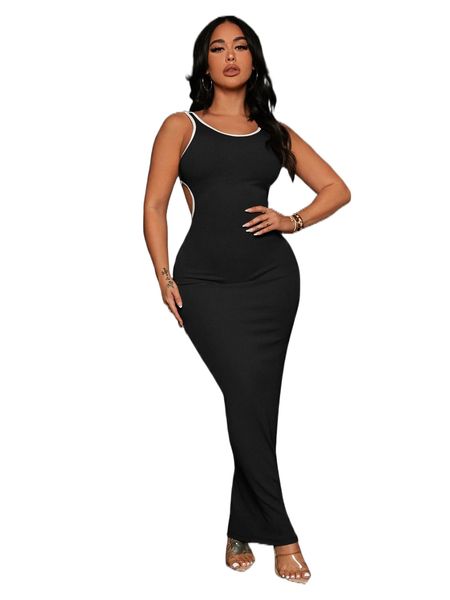 

sxy contrast binding cut out maxi bodycon dress 62ct#, Black;gray