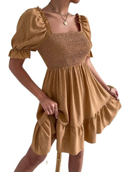 

shirred bodice puff sleeve ruffle hem dress h5g4#, Black;gray