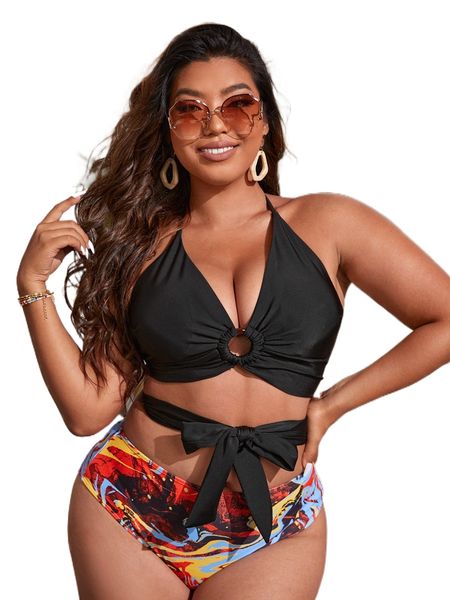 

plus ring linked knot front halter bikini x7qy#, Black