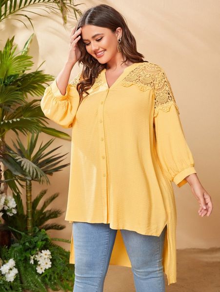

plus notch neck guipure lace insert high-low hem blouse s1uz#, Black