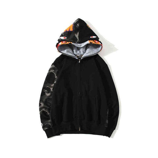 

factory online export new designer brand sweater spring and autumn tide bap shark double hat camouflage splicing hooded cardigan, Black