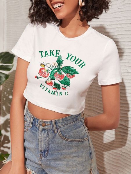 

strawberry & slogan graphic crop tee i968#, White