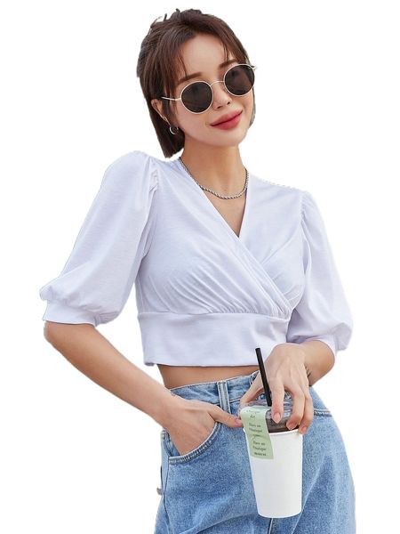 

dazy solid wrap puff sleeve crop tee 30em#, White