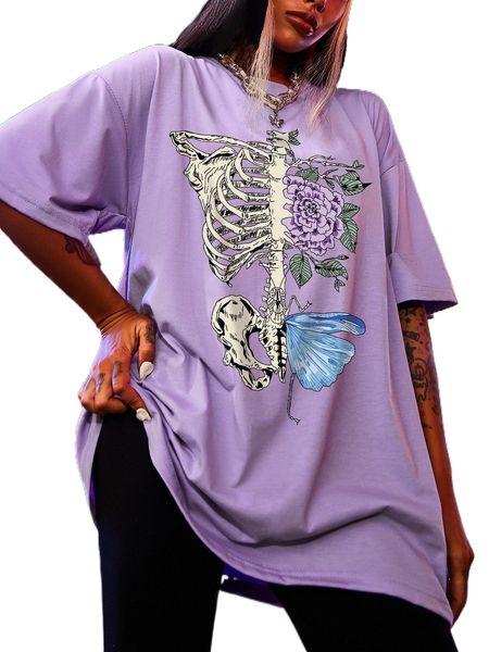 

skull & floral print drop shoulder tee i05s#, White