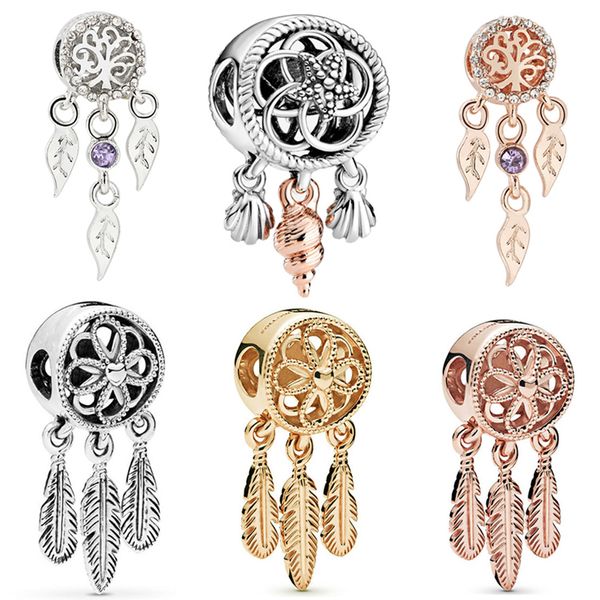 925 Sterling Silver Ciondola Charm Feather Starfish Conch Shell Perline Dreamcatcher Bead Fit Pandora Charms Bracciale Accessori gioielli fai da te