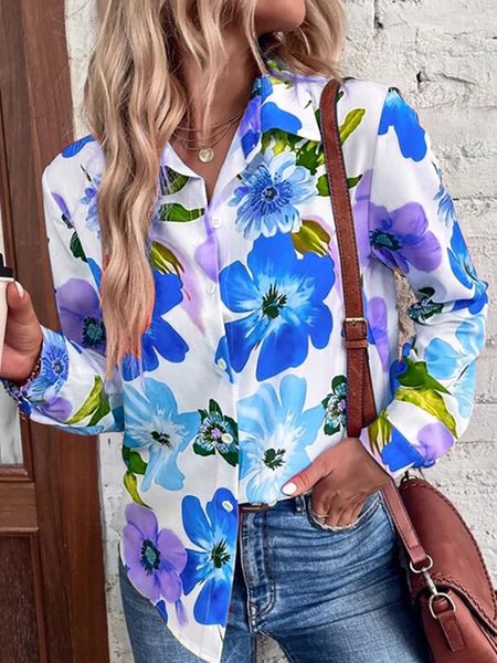 

spring autumn blouses turn down collar button women vintage print streetwear casual blouse elegant long sleeve female shirt blusa, White