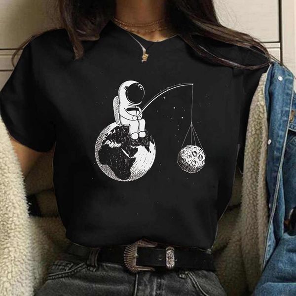 

cartoon astronaut print women t shirt casual round neck loose harajuku short sleeves korean style black clothes, White