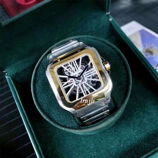 Herrenuhr für Damen, quadratische Uhr, komplett aus Edelstahl, Skelettuhren, 39 mm Größe, modische Quarz-Herrenarmbanduhr