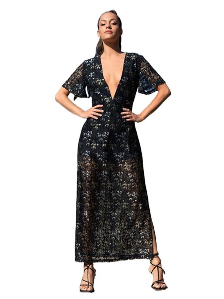 

deep v neck split thigh lace dress l3cl#, Black;gray