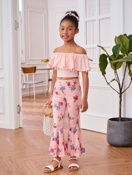 

girls pompom ruffle trim off shoulder & flare leg pants she, White