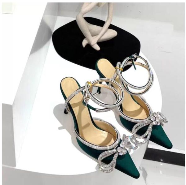 

1mach satin bow pumps crystal embellished rhinestone evening shoes stiletto heels sandals women heeled luxury designers ankle strap dress sh, Black