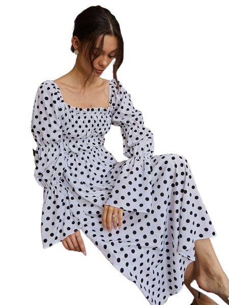 

bell sleeve polka dot ruched bust dress 03cd#, Black;gray