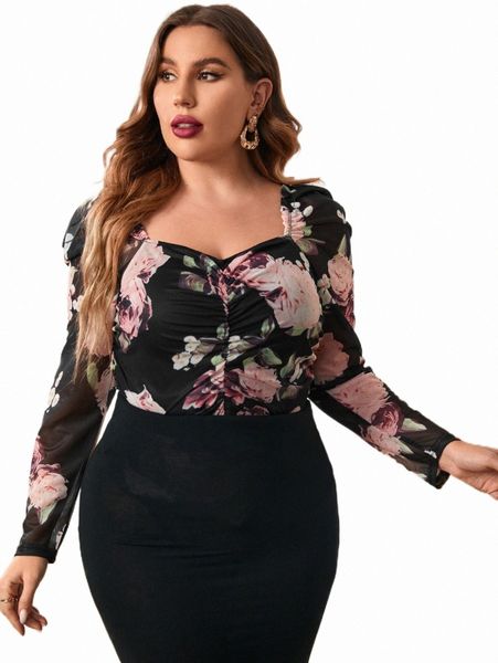 

plus floral print sweetheart neck ruched mesh t9kk#, Black