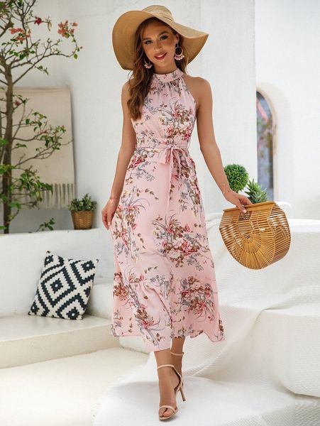 

floral print belted zip back ruffle hem dress b46n#, Black;gray