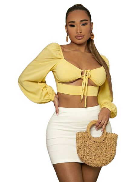 

sxy cut out tie front sweetheart neck blouse c64g#, White