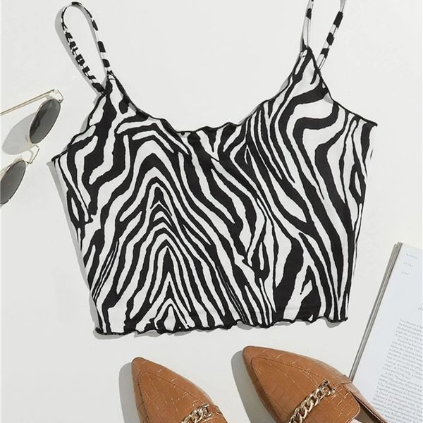 Y2K Sommer schwarz und weiß Zebra Muster süße Cami Crop Top Frauen Grunge Vintage Sexy Print geraffte rückenfreie Spaghetti Träger Top 220607