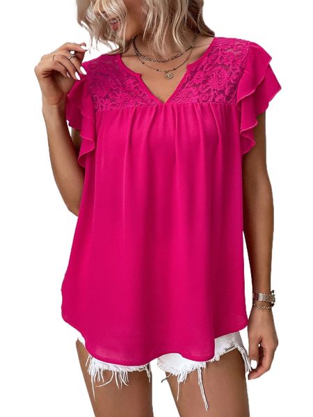 

contrast lace layered sleeve blouse r3bs#, White