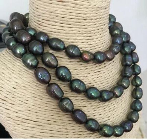 

10-11mm tahitian peacock green baroque pearl necklace 50inch 925silver, Silver