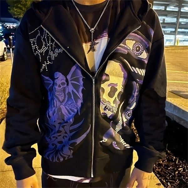 Mens Skull Impression Streetwear Papuz de tamanho grande Jaqueta masculina Goth Harajuku Y2K Roupas Grunge Zip Hoodie 220816