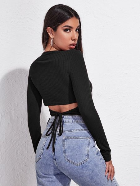 

tie back rib-knit crop tee a6mt#, White