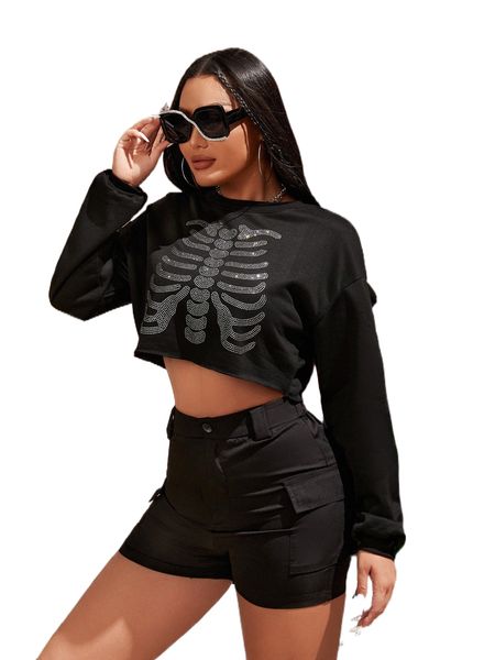

rhinestone skeleton drop shoulder crop sweatshirt 02ao#, Black