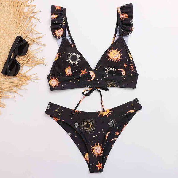 

swimsuit split bikini star sun print beach women, White;black