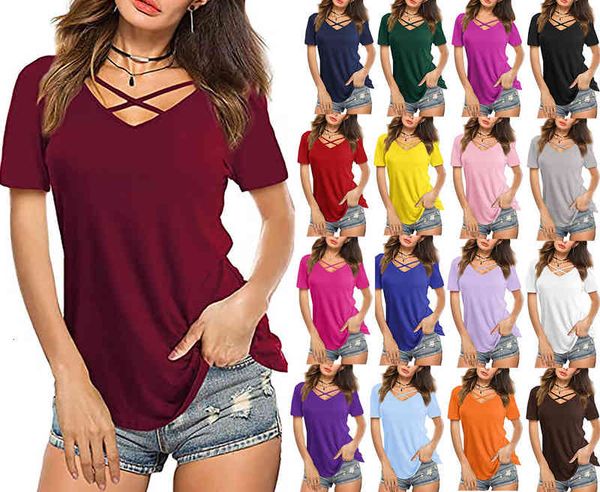 

women's t-shirt 2022 women's cross chest v-neck short sleeve loose t-shirt n5pg, White