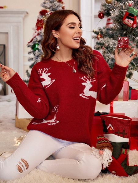 

christmas and deer pattern drop shoulder sweater r0p5#, White;black