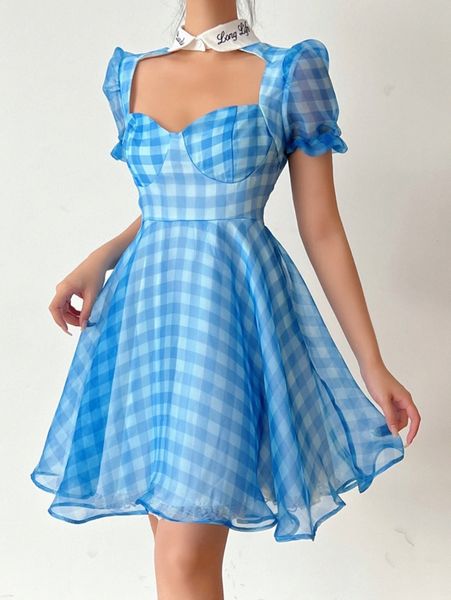 

gingham mesh choker neck puff sleeve bustier dress k6zl#, Black;gray