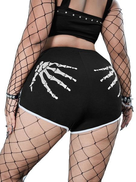 

plus skeleton hand print contrast binding shorts p06f#, Black