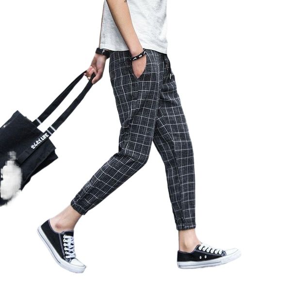 

men's thermal underwear plaid pants men joggers streetwear summer ankle length harem trousers elastic waist loose 5xl plus size casual, Black;white