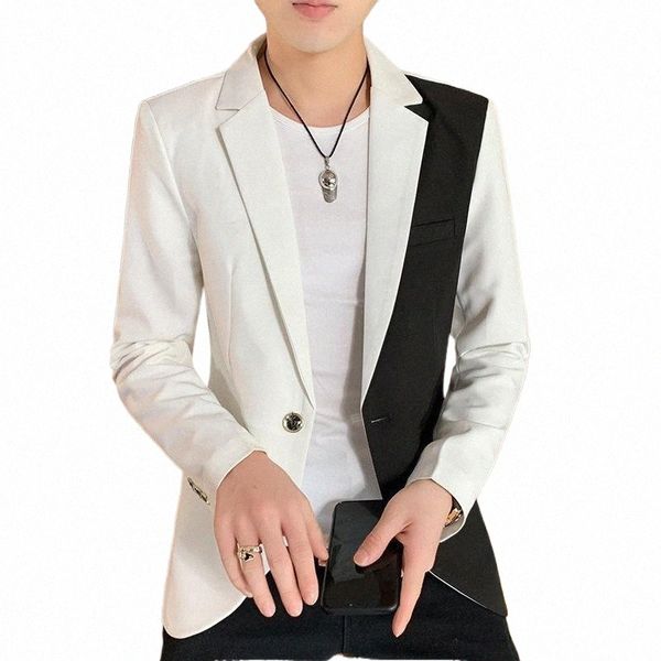 

men's suits & blazers casual blazer korean fashion clothes patchwork suit jacket male summer thin handsome wear slim fit coat red white, White;black