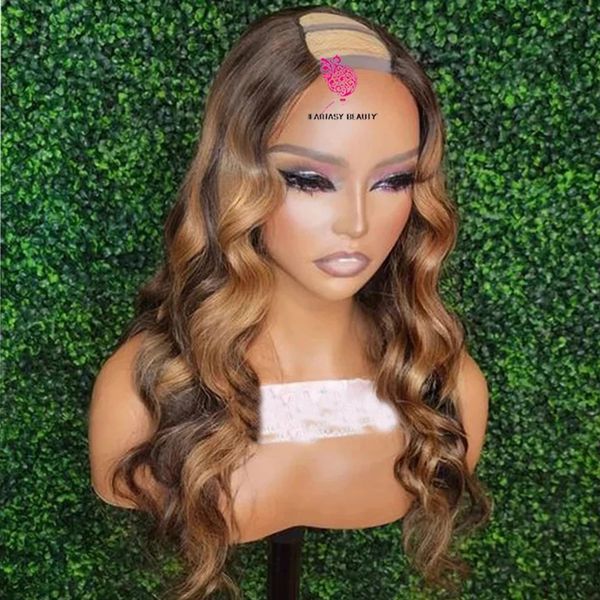 

ombre honey blonde v part wigs middle open highlights deep wave 100% human hair wig peruvian bouncy wavy u shape full machine, Black