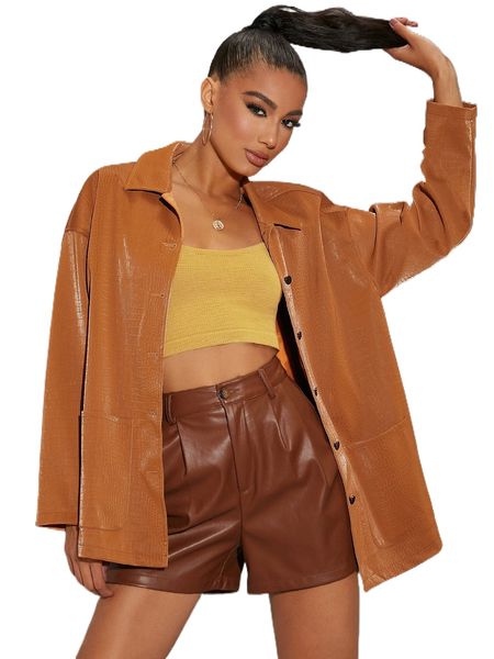 

drop shoulder dual pocket pu leather coat g4qf#, Black