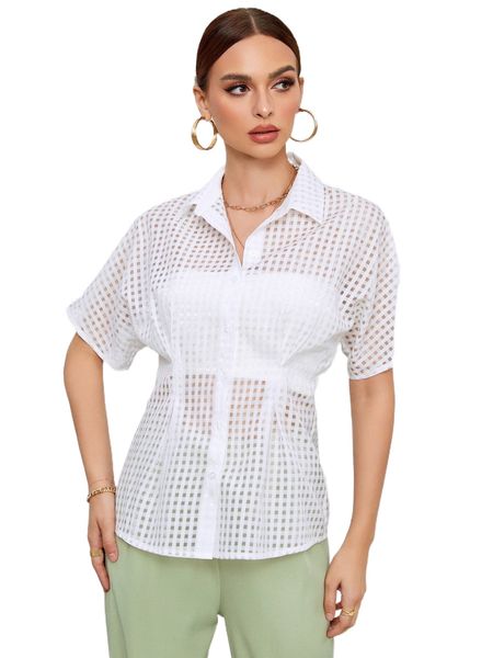 

grid print button front batwing sleeve blouse u3lj#, White