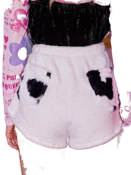 

romwe cow print flannel shorts p4bt#, White;black