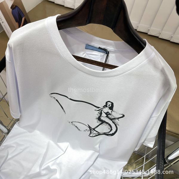 

women's t-shirt p family loose white t-shirt triangle cartoon mermaid letter printing round neck pure cotton short sleeve