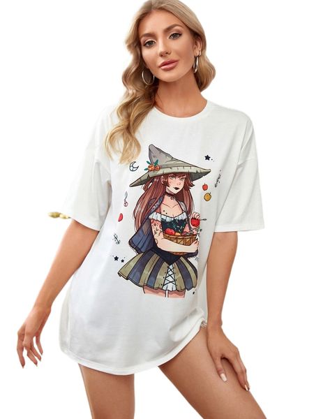 

x larienne figure graphic drop shoulder tee k35j#, White