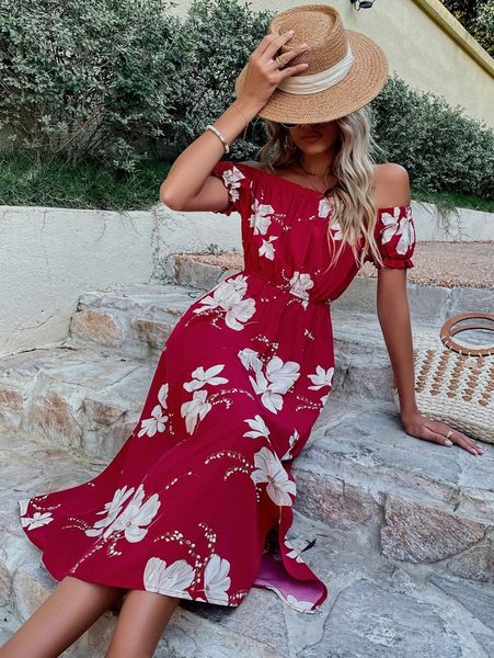 

floral print off shoulder puff sleeve split thigh dress 76wc#, Black;gray