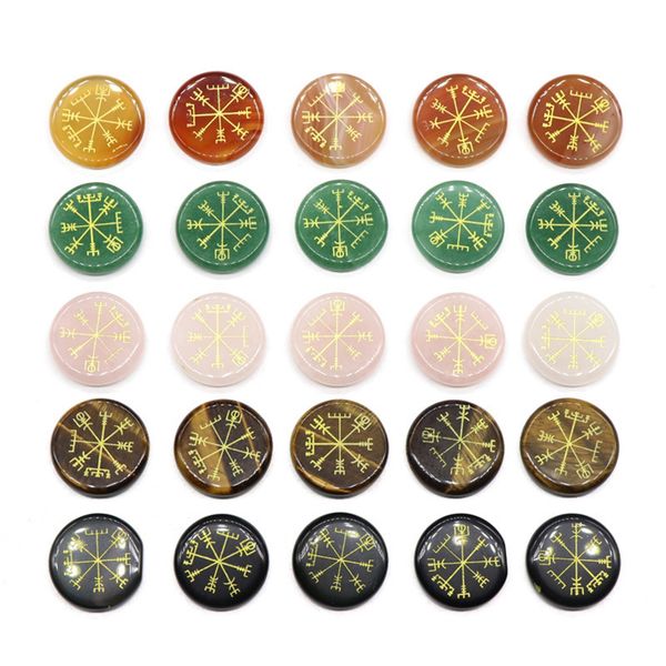 Chakra Edelsteinrunde Scheibe mit Gold Vegvissir Viking Symbol handgefertigte Palmbefehle Daumensteintherapie Geometrie Heilung Münz Reiki Donut Energie Quarz Kristall