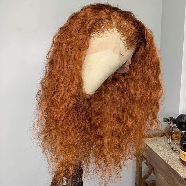 Ginger laranja cor 13x4 Perucas dianteiras de renda Humano Human Glueless Curly Water Wave Remy Brasy Wigs para Mulheres Negras Pré -arranhadas Nó Branqueado 130%Densidade