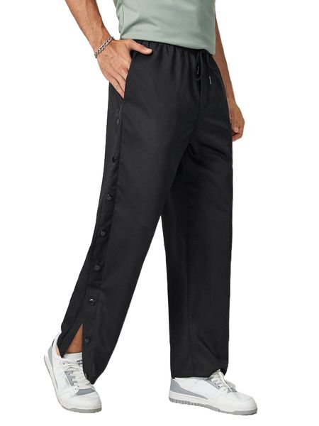 

men button detail split hem pants f8az#, Black