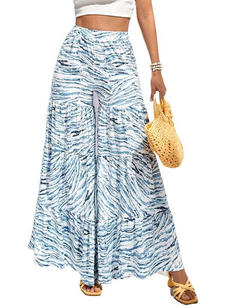 

zebra striped print ruffle hem pants y4vm#, Black;white