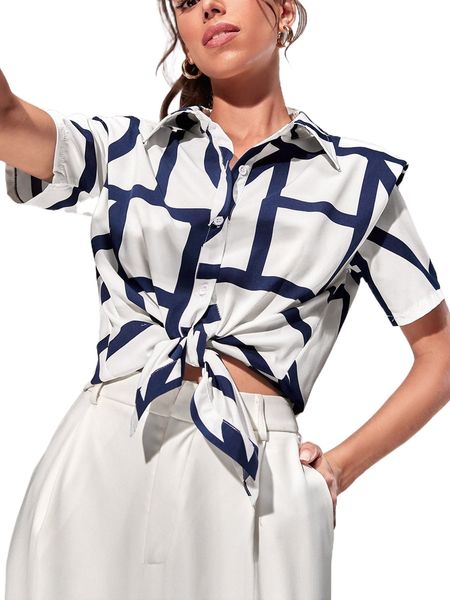 

letter graphic button up shoulder pad shirt 65uo#, White