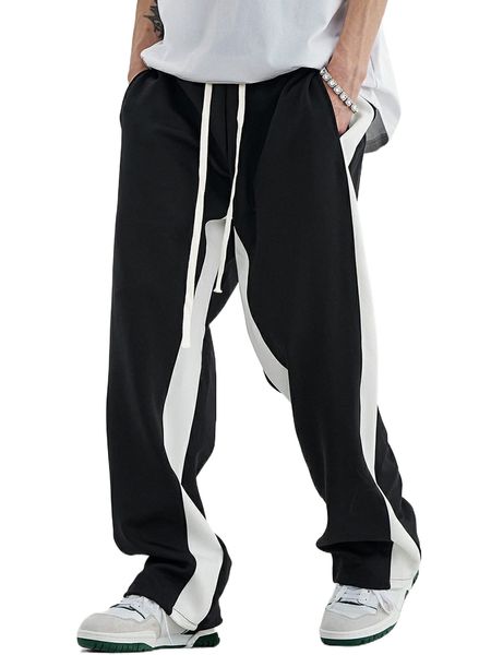 

men contrast side seam drawstring waist sweatpants z43t#, Black